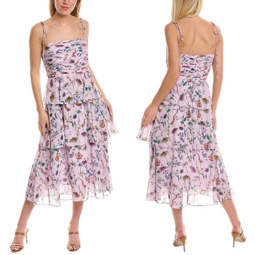 NWT AMUR Acacida Tie Shoulder Ruffle Midi Dress in Lilac Lily Dreamy Wildflower - Picture 4 of 16